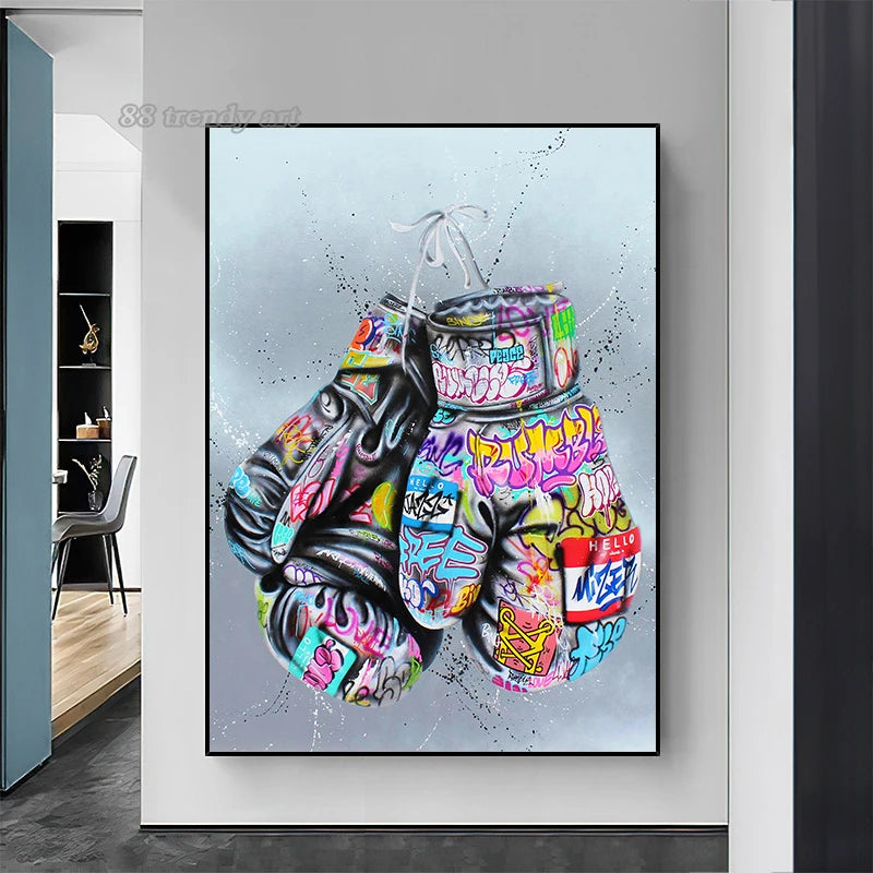 Boxhandschuh-Graffiti – Abstrakte Pop-Art-Leinwand für luxuriöse Wandgestaltung!