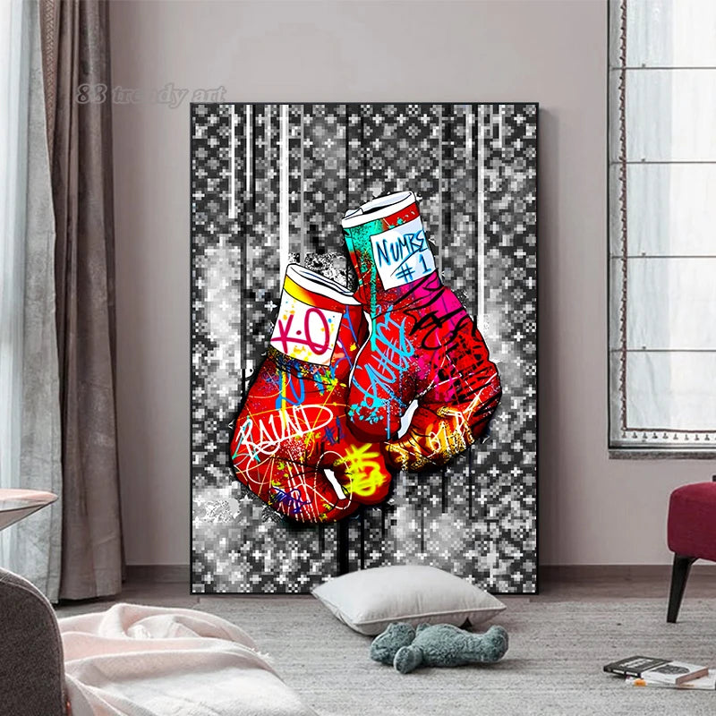 Boxhandschuh-Graffiti – Abstrakte Pop-Art-Leinwand für luxuriöse Wandgestaltung!