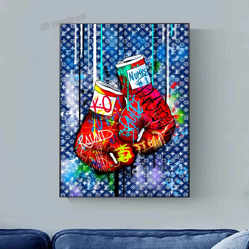 Boxhandschuh-Graffiti – Abstrakte Pop-Art-Leinwand für luxuriöse Wandgestaltung!